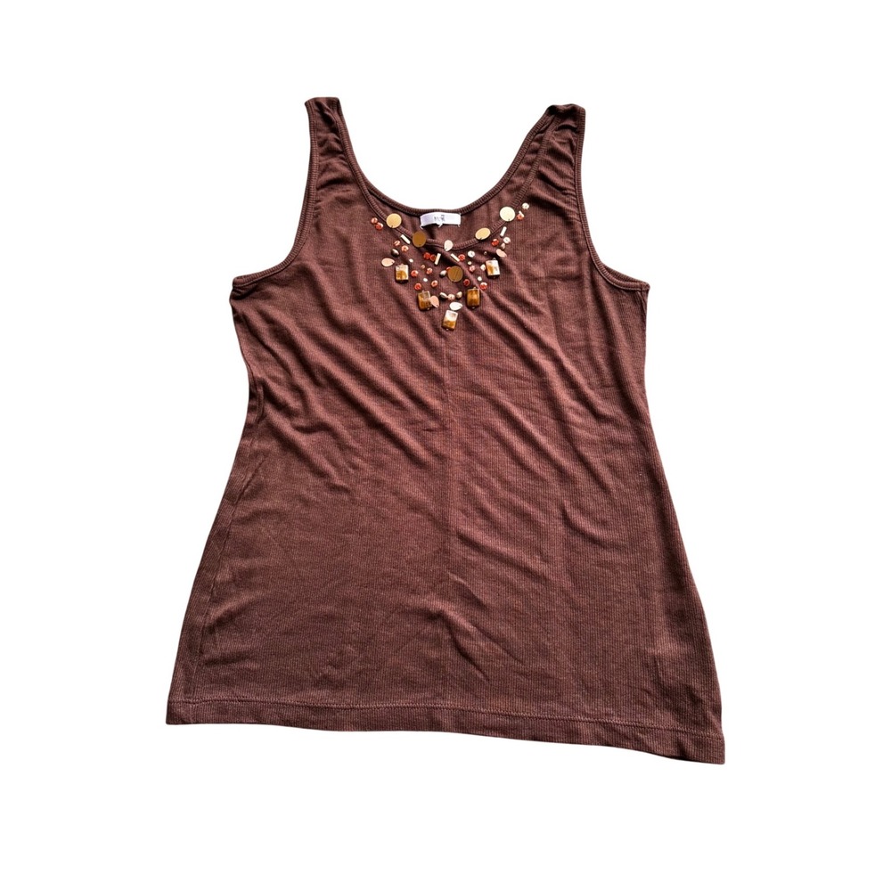 Metro 7 Womens Brown Ribbed Knit‎ Tank Top Embellished Neckline Boho Sleeveless